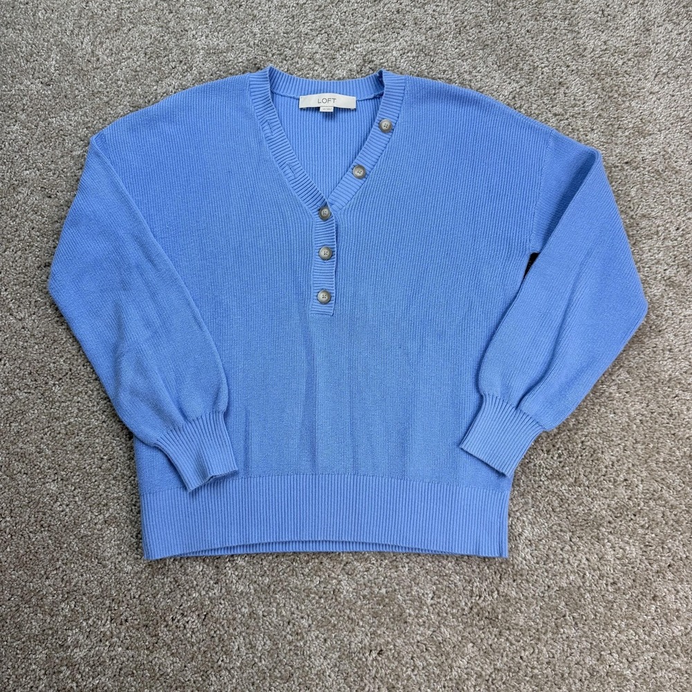 LOFT Sweater Womens XS Blue 100% Cotton V Neck Henley Knit Pullover Long Sleeve